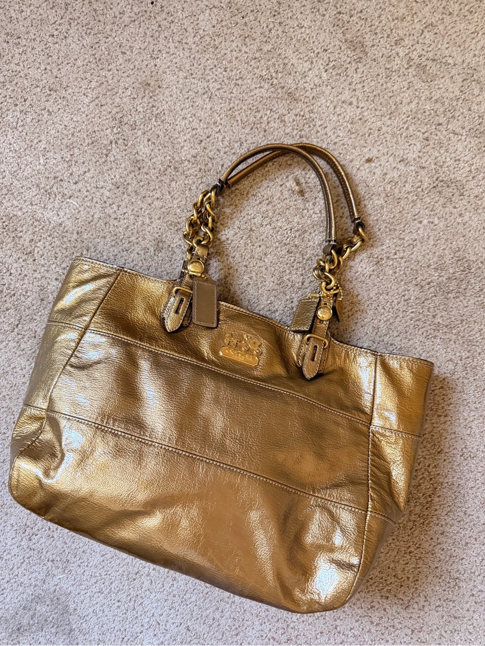Coach Metallic Gold Leather Tote with Chain-Accent Handles